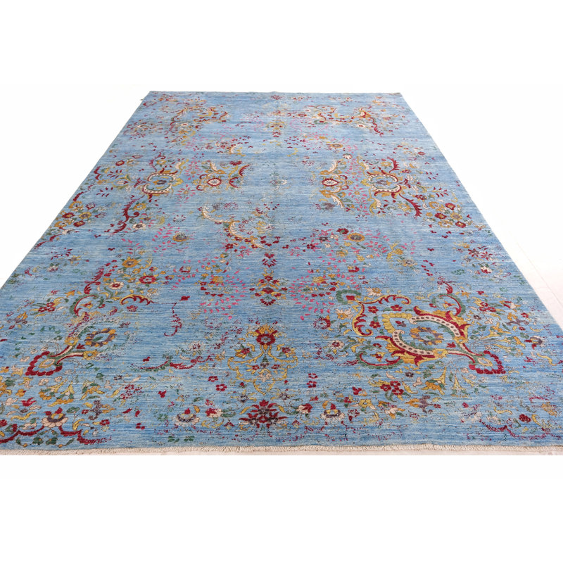 Hand Knotted Wool Area Rug in Blue