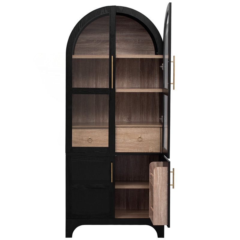 Garde-manger arqué avec portes en verre, tiroir caché et tablettes de porte, Black