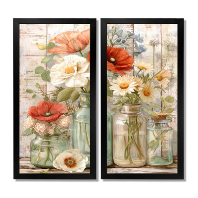 "Vintage Flower Arrangement Country House - Bouquets", art mural encadré, impression sur toile florale rouge 2 pièces