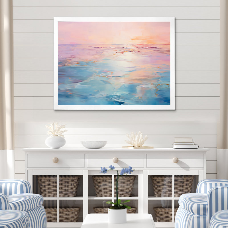 Rose et bleu pastel coucher de soleil - vagues côtières, art mural, H 12 po x l 20 po x P 1 po, Cadre photo blanc