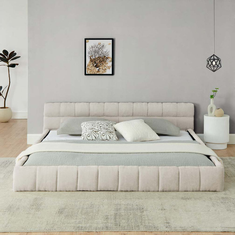 California King Size Upholstered Bed Frame With Thick Fabric, Chenille Fabric Grounded Platform Bed With Headboard And Solid Frame