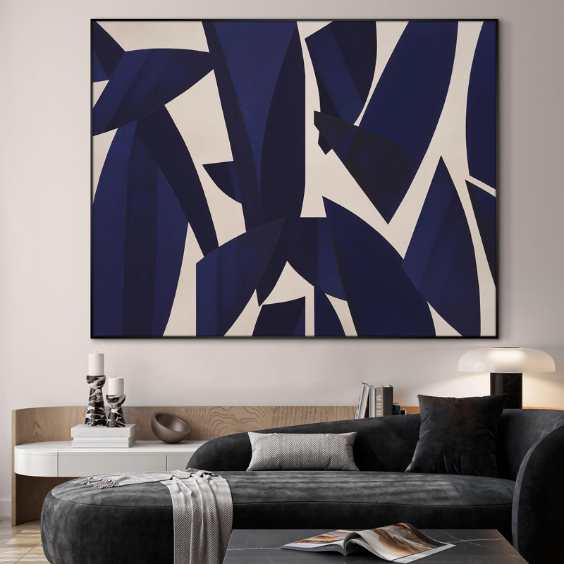Extra Large Wall Art Fabric Print - Navy Geometric Leaf Abstract Contemporary Botanical Shapes Illustration Artwork Decor for Living Room or Bedroom - "Frame Assembly Required (Unfinished Frame)"