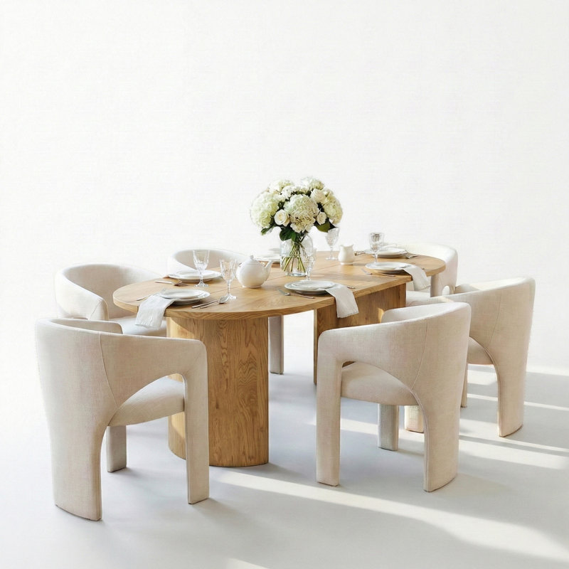 Ensemble de salle à manger 7 pièces moderne avec table à piédestal ovale en chêne 79 po et 6 chaises sculpturales à accoudoirs larges