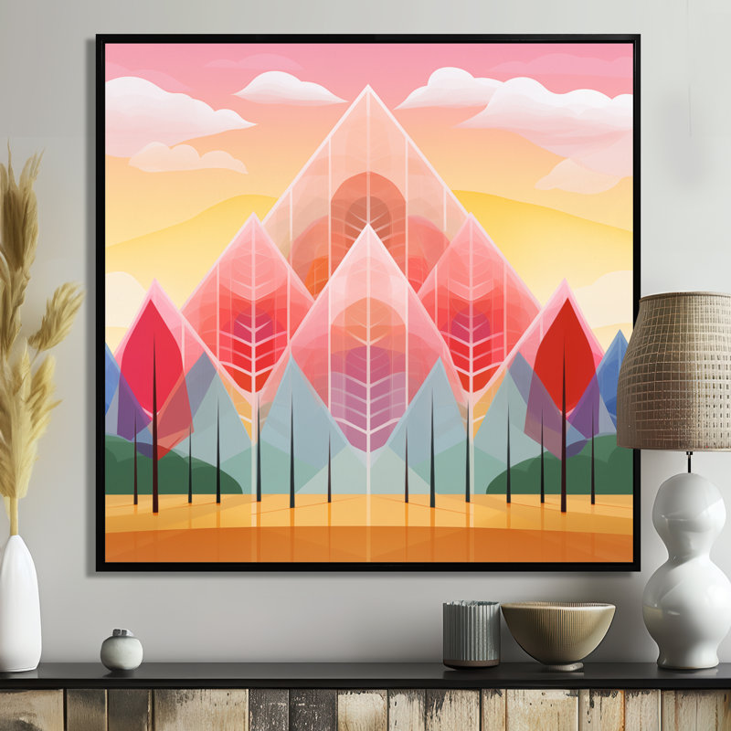 Red Diamond Retro Trees - Reproduction d'art abstrait paysage mural, H 16 po x l 16 po, Cadre flottant noir