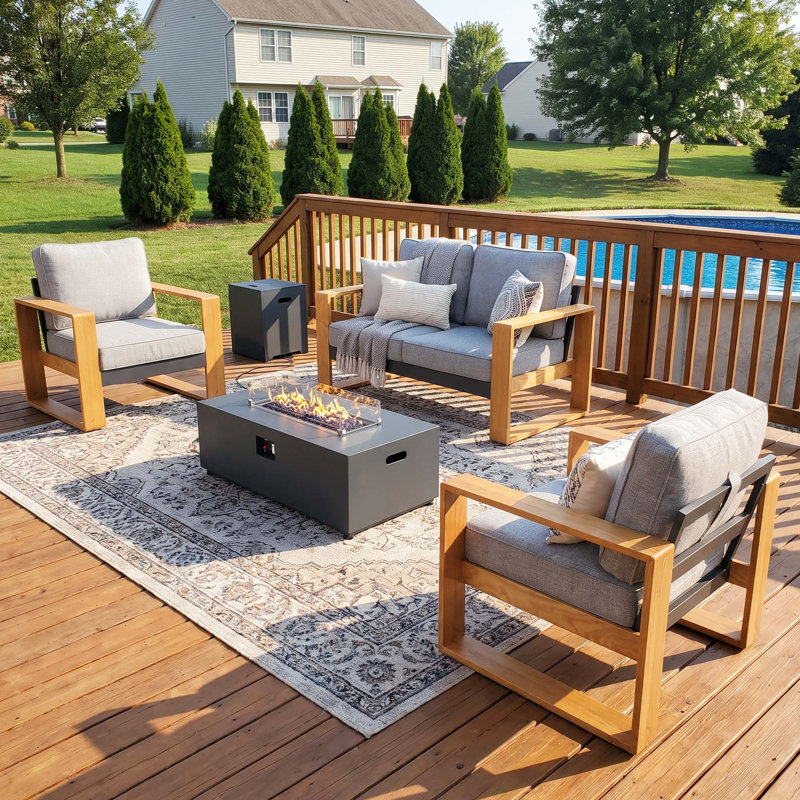  4 Pieces Aluminum Patio Furniture Set With Fire Pit Table, Oversized Seat With Hight Back Outdoor Conversation Sets