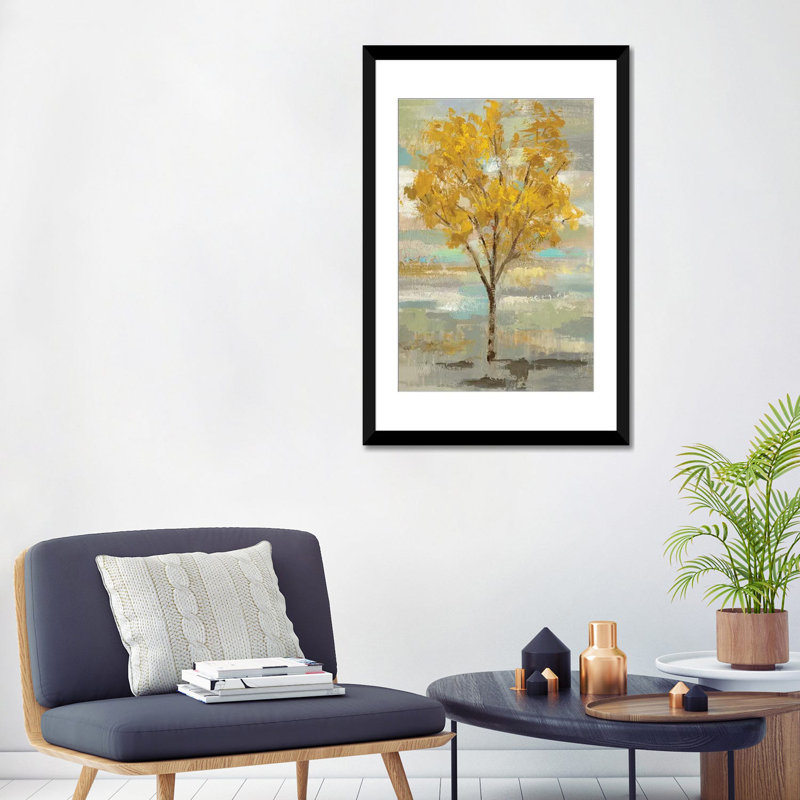 «Golden Tree And Fog I», reproduction d'impression sur toile tendue, H 32 po x l 24 po x P 1 po, Papier d'art encadré noir