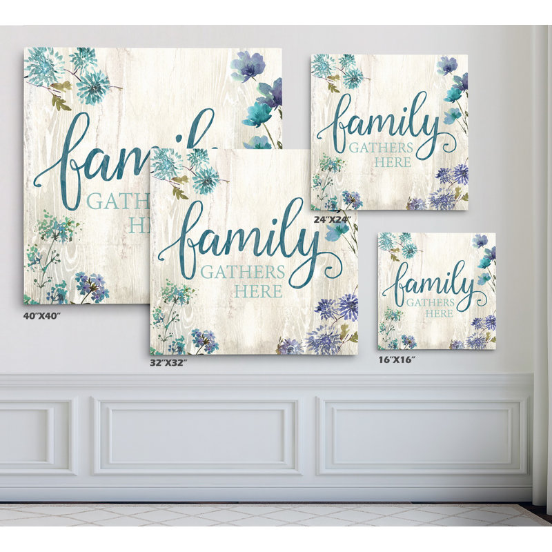 «Family Gather Here», art textuel, Toile tendue, H 16 po x l 16 po x P 1,5 po