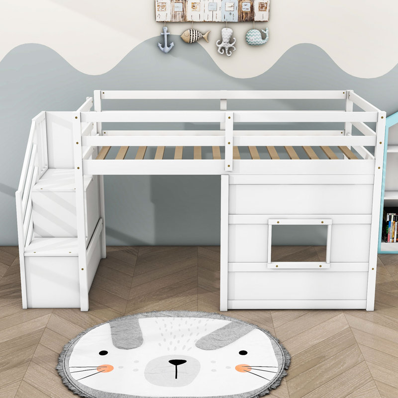 Jadi Twin Wooden Loft Bed with Staircase, White