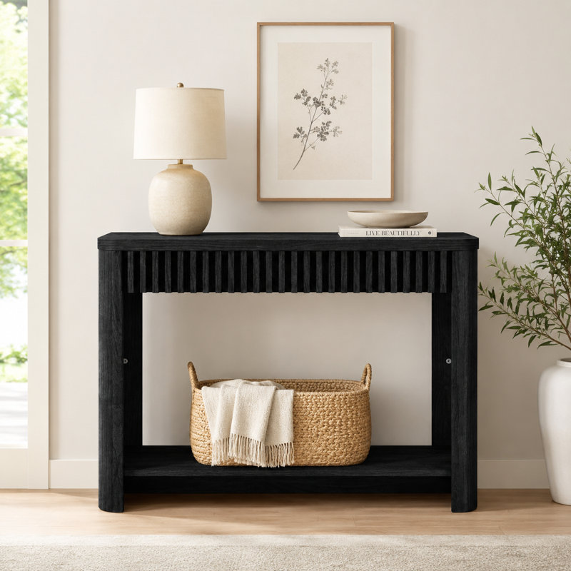Abdel 39.4" Wide Fluted Console Table with Open Bottom Shelf, Black