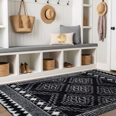 Tapis à poil long géométrique gris anthracite foncé - velours moyen, texture douce, adapté aux enfants