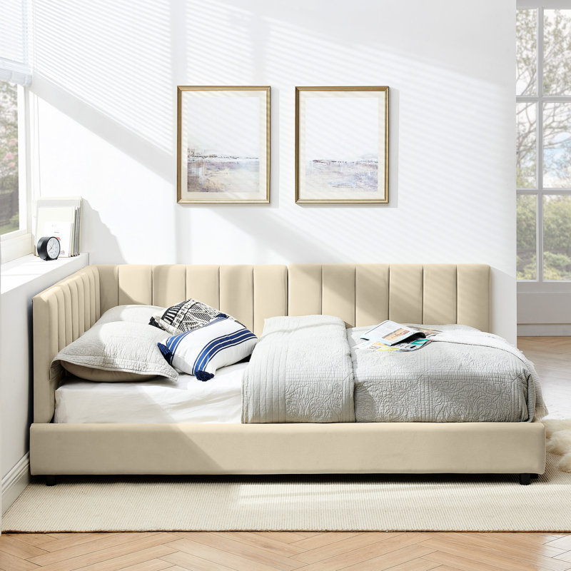 Structure de lit double de style Mid-Century en velours beige recouverte d'un siège stable pour la chambre à coucher et le salon