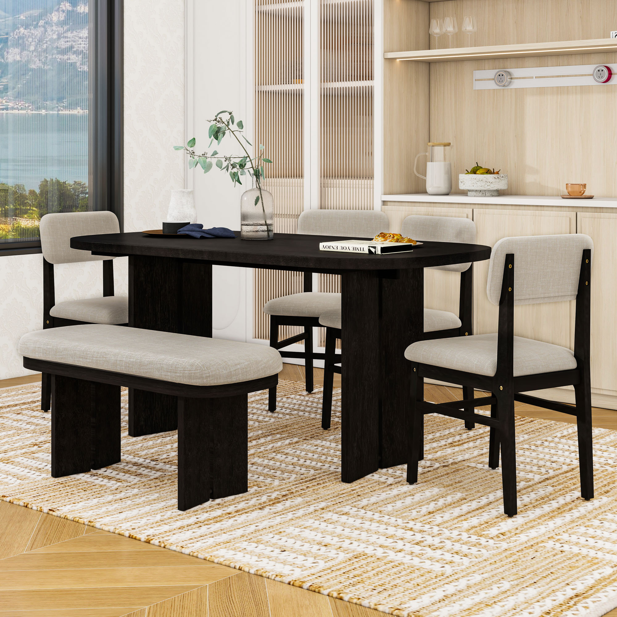 Latitude Run® 6-Piece Dining Set with Wooden Rounded rectangle Table ...