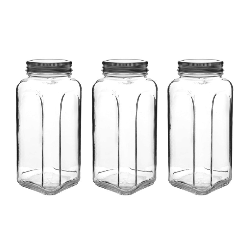 Premium 3-Piece Glass Jar Set with Silver Lids, 3 x 33.8 fl oz (8.5 x 8.5 x 7.9 inches) | 100% Dishwasher-Safe | Ideal for Storing Spices, Snacks & More | Elegant Design for Kitchen Organization
