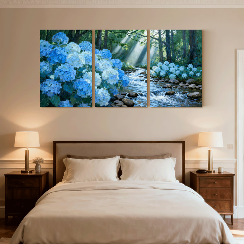 Hydrangées, fleurs bleues, forêt, ruisseau, reflet de la lumière, scène naturelle, ensemble de 3 impressions sur toile