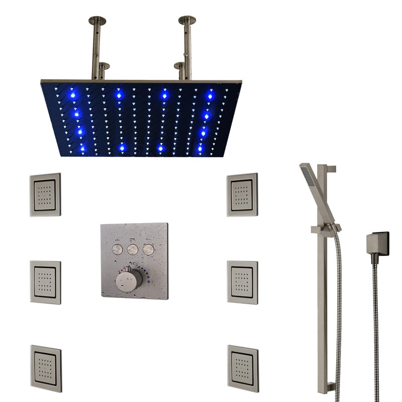 Brushed Nickel Ceiling Mount LED Rainfall Shower System with Thermostatic Control