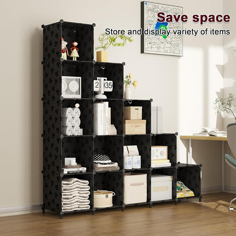 Organisateur de rangement noir à 15 cubes, bibliothèque et armoire avec motif, tablettes ouvertes pour la maison, le bureau ou la chambre à coucher