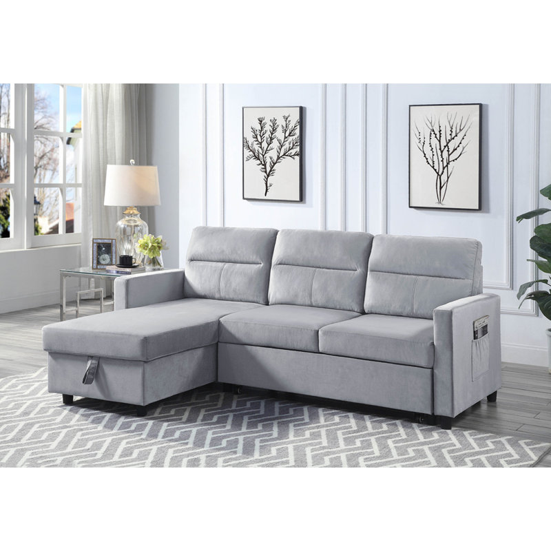 Ivy 81.5" Light Gray Velvet Reversible Sleeper Sectional Sofa with Storage Chaise and Side Pocket, Light Gray Velvet