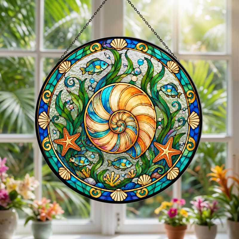 «Spiral Seashell and Blue Fish in St donned Glass», art mural sur toile, H 7,8 po