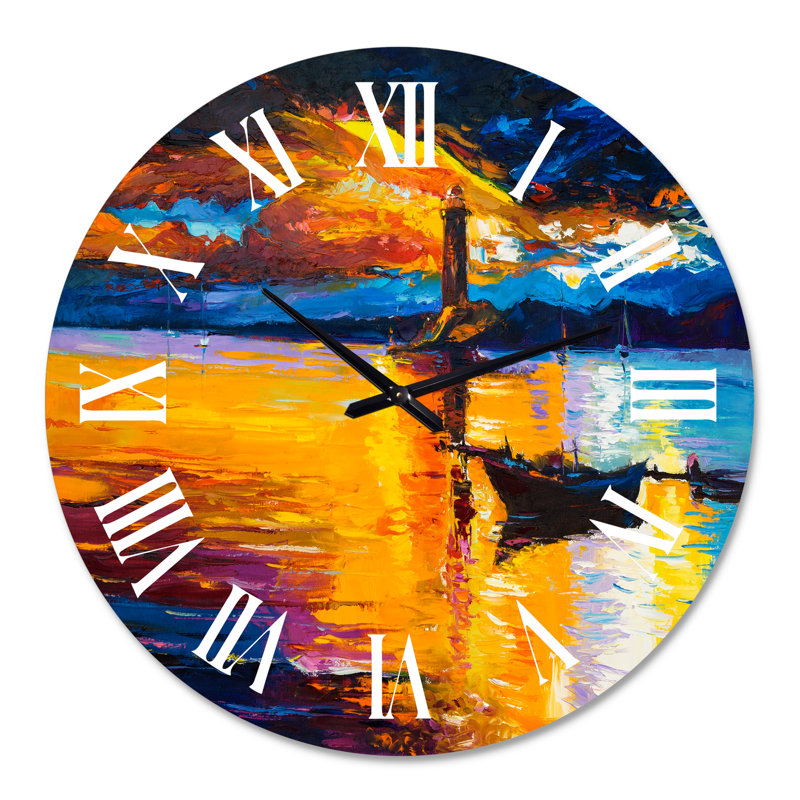 Petit bateau au phare au coucher du soleil - Horloge murale nautique et côtière, Moyenne