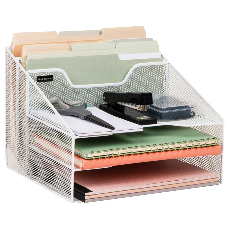Mind Reader Metal Mesh Desktop File Organizer, 3-Tier Paper Tray with 5 Compartments, Office Mail Sorter, White, White