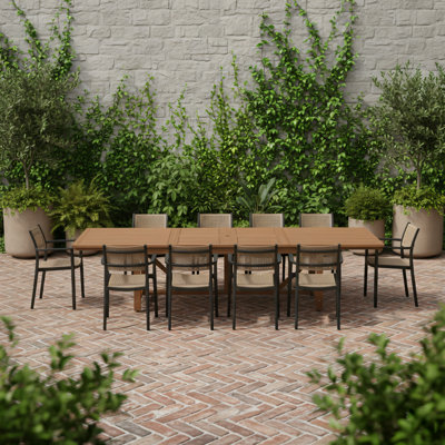 Wayland 13-Piece Outdoor Rectangular Extendable Dining Table And Chairs Set | Teak Finish | Ideal For Patio, Light Brown Table & Black Chairs