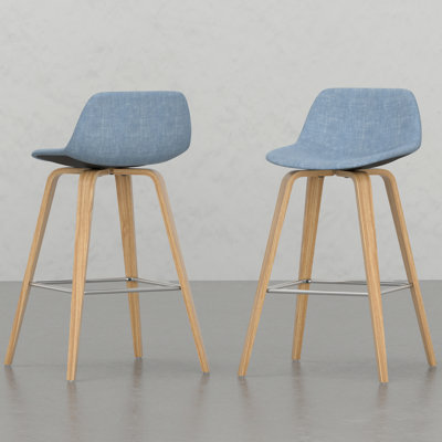 2 tabourets - Siège généreux, revêtement en lin bleu, pieds, hauteur du comptoir du repose-pieds (2) d'inspiration rétro, rembourrage en mousse, pieds avec
