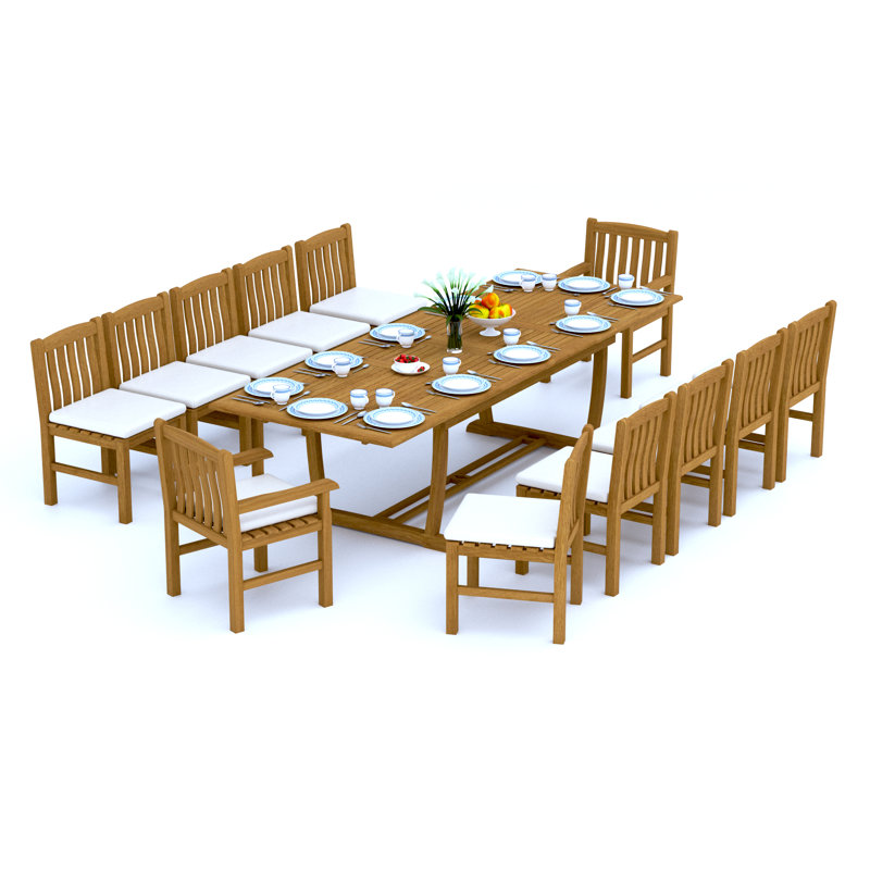 10 Seats 11 Pcs Grade-A Teak Wood Dining Set: 118" Double Extension Mas Rectangle Trestle Leg Table And 10 Devon Chairs (2 Arm & 8 Armless Chairs) #11DV2502