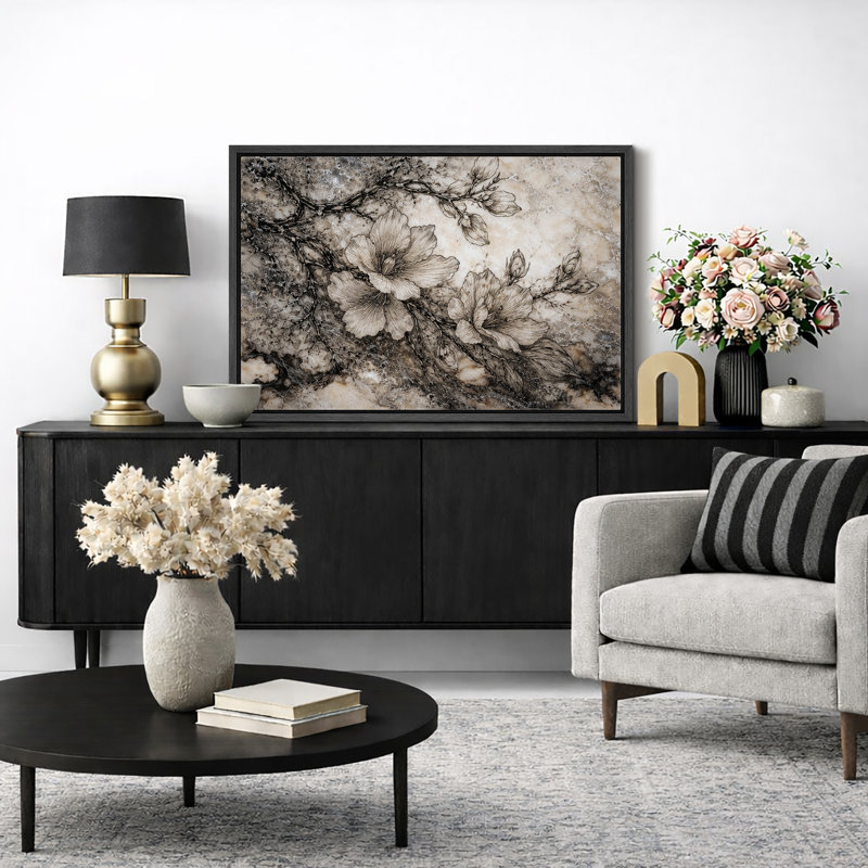 Encre florale, images de fleurs noires et blanches, impression sur toile encadrée, Cadre noir, H 16 po x l 24 po x P 1,5 po