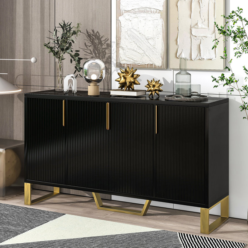 Modern Sideboard With Four Doors, Metal Handles & Legs And Adjustable Shelves Kitchen Cabinet (Black), Black