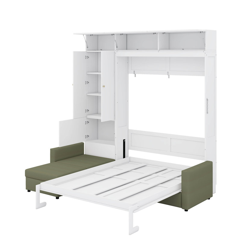 Grand lit escamotable avec canapé et tablettes, White Panel/Green Sofa