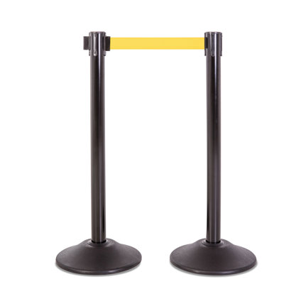 Premium Black Steel Safety Stanchion with 7.5' Foot Retractable Belt (Black Post/Yellow Belt)