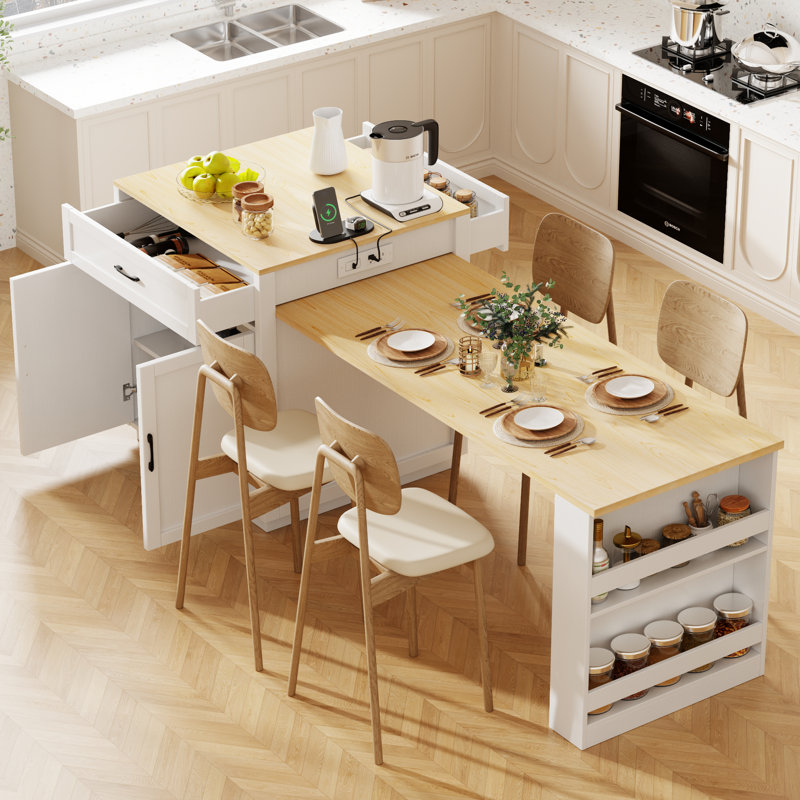 Kitchen Island With Extendable Dining Table For 2-6 People, White, Double Storage, 2 Lockable Wheels, Drawers, Side Storage Area 82.7 Inch 2-6, Double Ac Outlets, 1 , Type-C, Compartment, Material