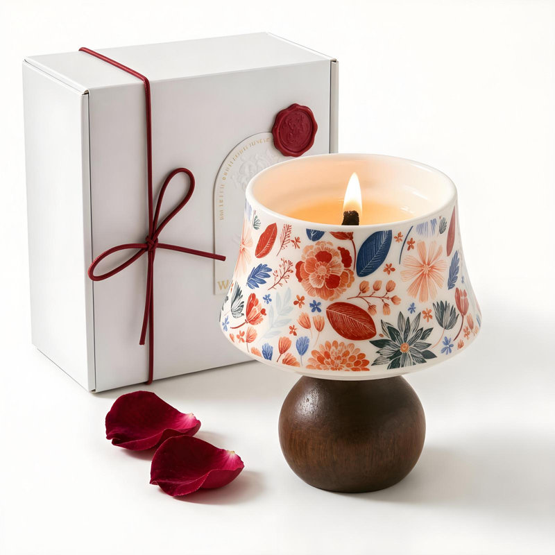Plant / Floral Designer Candle with Solid Wood Holder