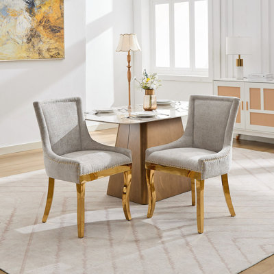 Chenille Dining Chairs, Modern Style With Curved Gold - Plated Legs & Rivet Trim, Upholstered Comfort For Dining/Lounge, Accent Seating, Beige,Set Of 2
