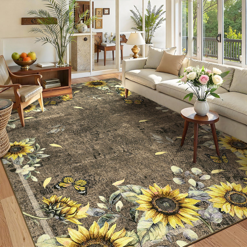 Washable  Area Rug – Soft Non-Slip Low Pile Floral Carpet for Living Room, Bedroom, Nursery, Dining Room – Mark Resistant, Collapsible – 5x7ft (152x213cm) – Brown
