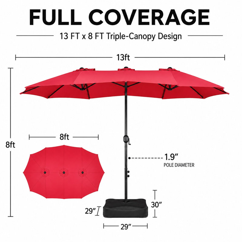 Parasol de marché rectangulaire de 13 pi x 8 pi avec base, parasol de patio triple, rouge (sable non inclus), Rouge