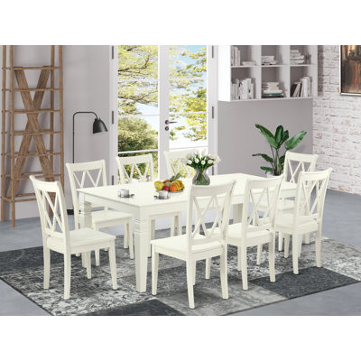 Ensemble de table de salle à manger 9 pièces comprenant une table de salle à manger rectangulaire avec rallonge papillon et 8 chaises en bois, lin blanc