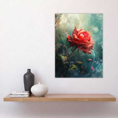 Single Rose Flower Morning Mist Painting Wall Art Print