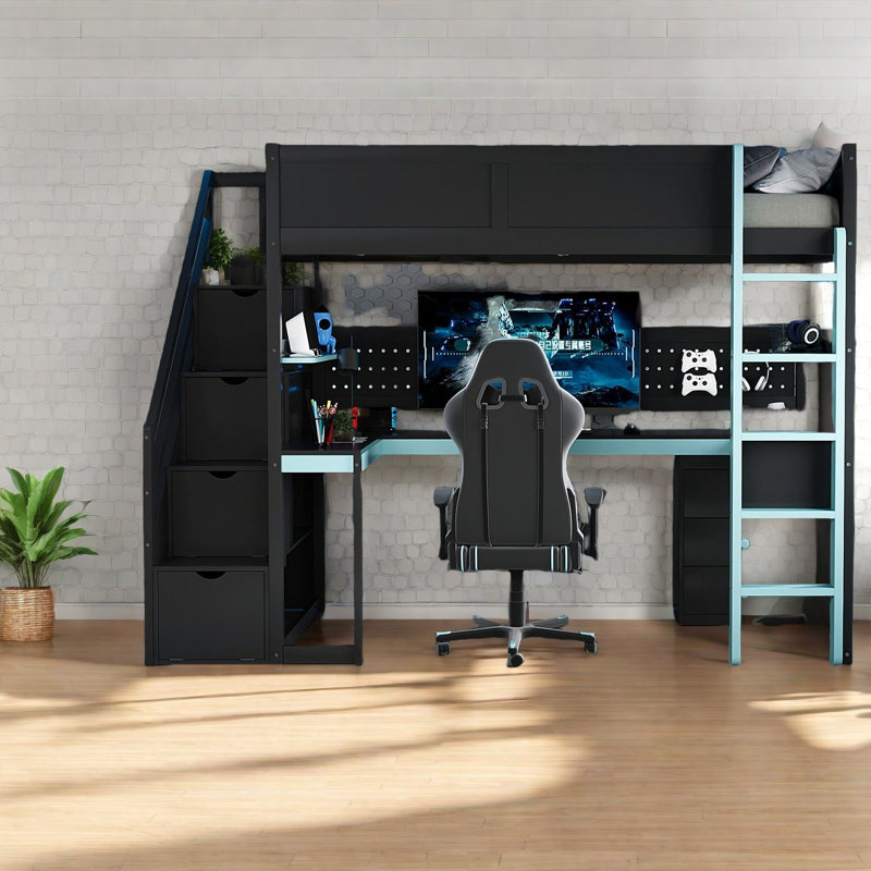 Lit mezzanine en bois peu encombrant, configuration de jeu avec rangement, maison moderne