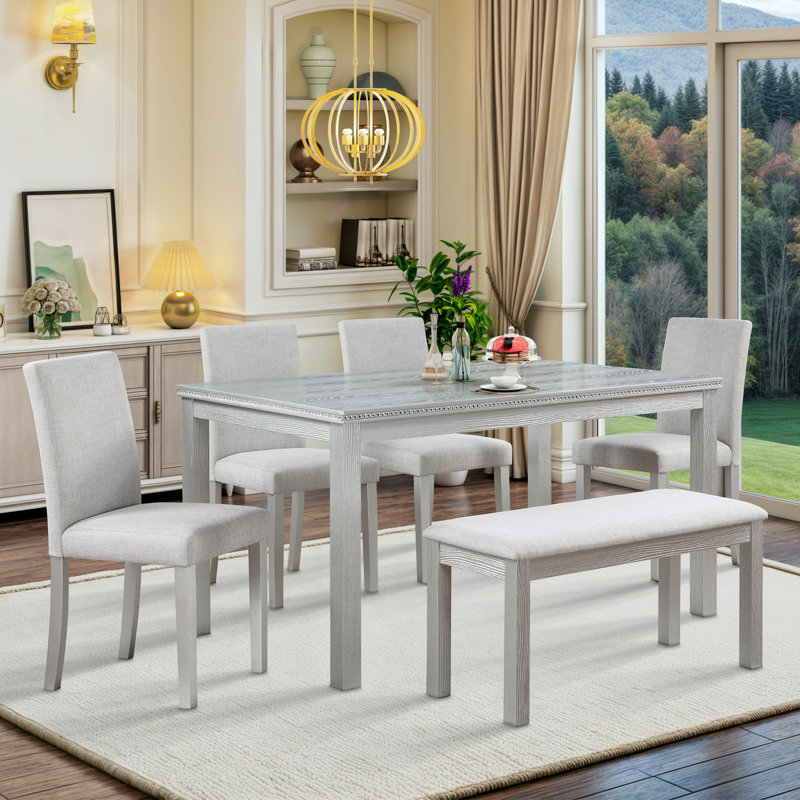 Farmhouse 6 Piece Dining Set Kitchen Table Set With Bench,,dining room set,dinning table set, Light Grey/Grey