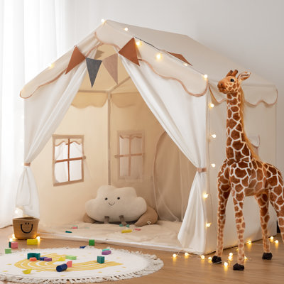 Besrey Toddler Playhouse Tent for Boys and Girls,Kids Tent Indoor & Outdoor,Child Play Tent with Padded Mat and Lights,Beige