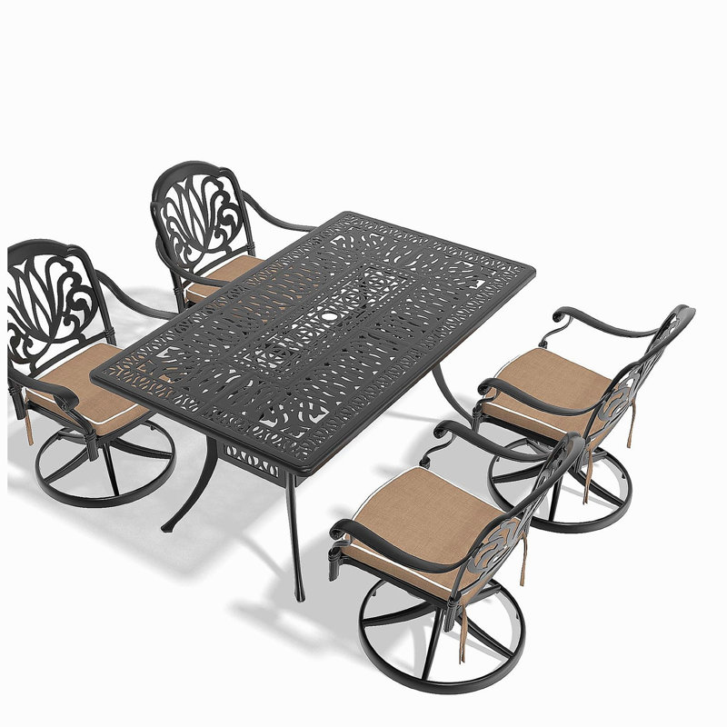 Ensemble de salle à manger 5 pièces en aluminium coulé résistant aux intempéries, comprenant 4 chaises pivotantes et une table rectangulaire avec cadre noir (même SKU: W1710S00451)