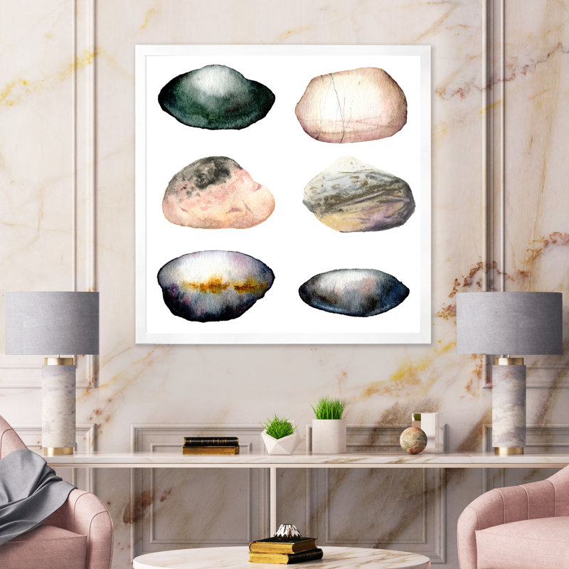 Six pierres de mer abstraites - Peinture sur toile encadrée, Toile blanche encadrée, H 30 po x l 30 po x P 1 po