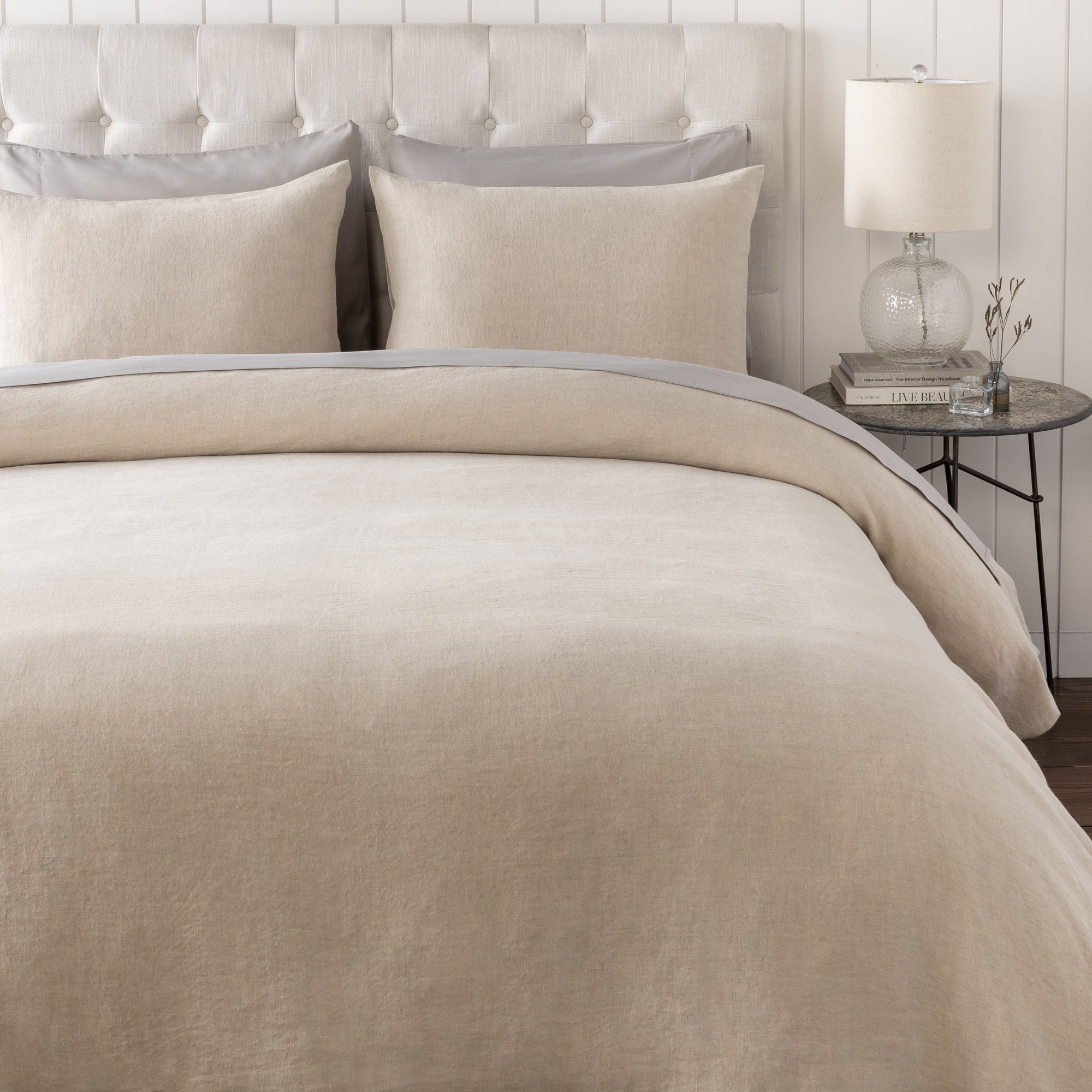 Pia 100% Linen Duvet Cover Set, Queen Duvet Cover + 2 Standard Shams, Light Beige