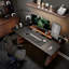 Bureau électrique à hauteur réglable en cuir noir italien de luxe avec pieds en bois massif et tiroirs doubles sous le bureau-1373905382
