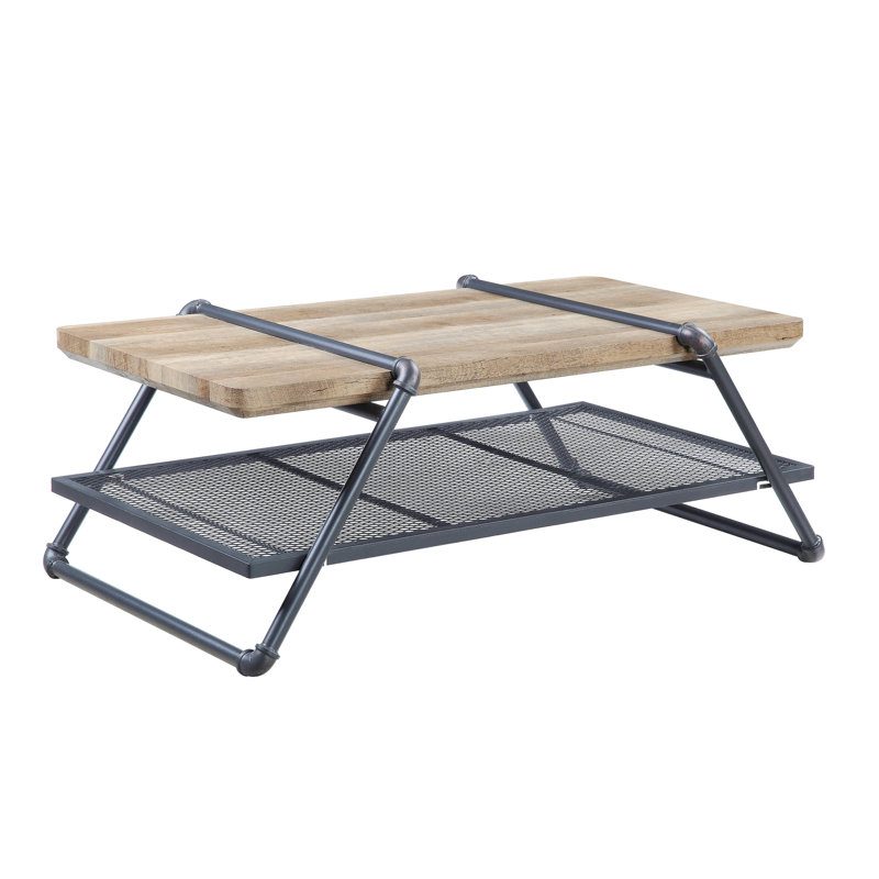 Brantley 47'' Oak and Gray Industrial Coffee Table with Metal Mesh Shelf