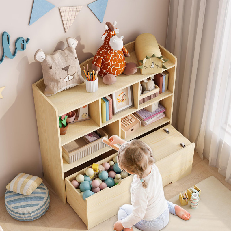 Toy Storage Organizer, Bookshelf, Toy Storage Cabinet, Toddler Bookcase Cabinet, Yellow
