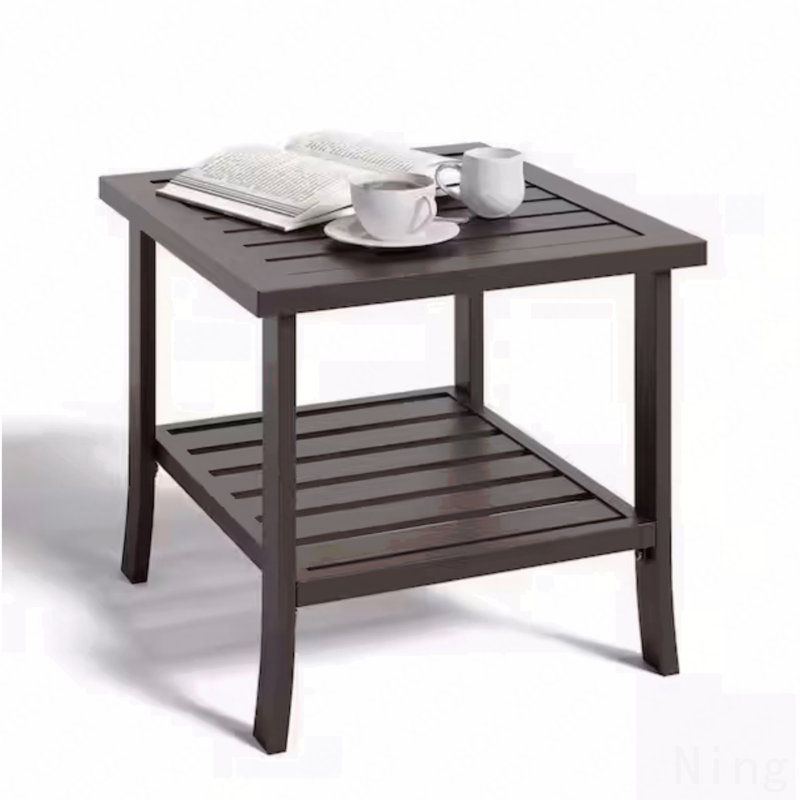 Table d'appoint d'extérieur 19 po carrée en métal brun, table de bout pour terrasse toutes saisons à 2 niveaux, Brun