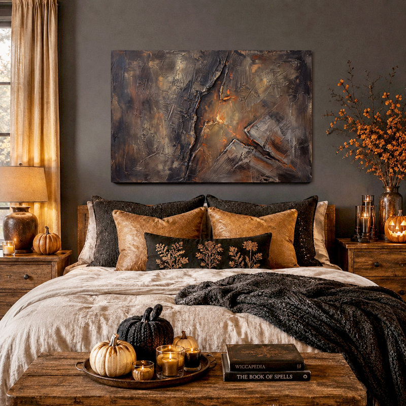 Toile murale d'Halloween à texture abstraite brun foncé avec accents rouille, H 18 po x l 24 po