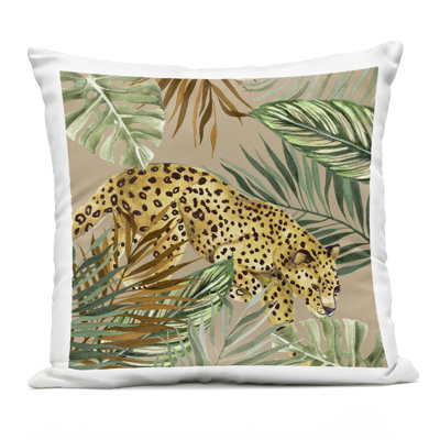 Palm Leaves Surrounding Leopard Design by Janet Tava Outdoor Printed Pillow